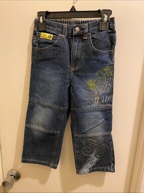 F) G Unit Vintage Kids Dark Blue Denim Bottoms with Graphic Accents